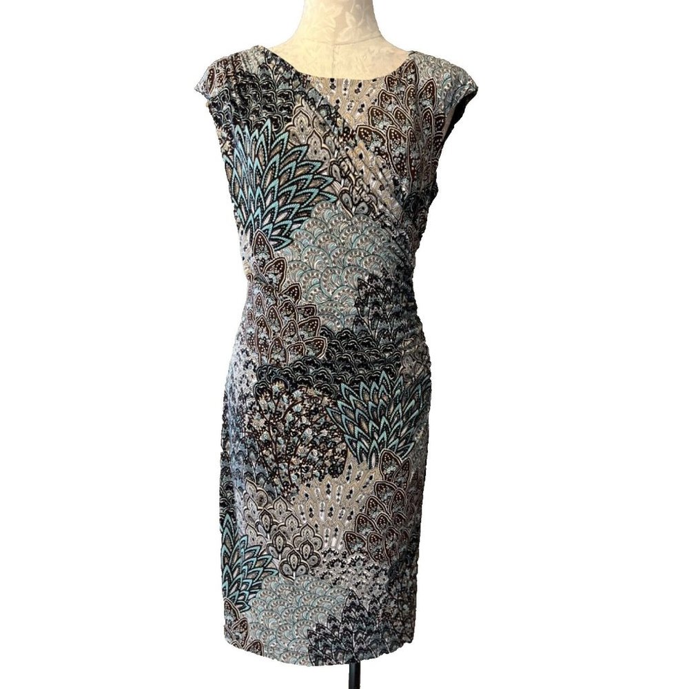 Connected Dress 8 Paisley Stretch Career Washable Black Gray Blue New - Picture 2 of 11